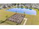 An aerial view shows community garden plots by a pond in a residential neighborhood at 231 Jeff Waters Circle, Longs, SC 29568
