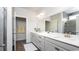 Bathroom with double sinks, gray cabinetry, tile floor and a glass shower at 435 Clear Lake Dr., Conway, SC 29526