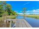 Scenic view from a wooden dock overlooking a tranquil waterway with tall reeds and a clear blue sky at 5 Old Barge Dr., Pawleys Island, SC 29585