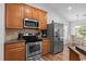 Kitchen with modern stainless steel appliances, wooden cabinets, and countertop decor at 680 Twinflower St., Little River, SC 29566