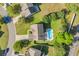 An aerial shot of a private backyard with a sparkling in-ground pool, lush greenery, and inviting outdoor space at 140 Zinnia Dr., Myrtle Beach, SC 29579