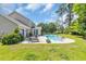 Inviting backyard featuring a refreshing pool, patio with seating, and lush landscaping at 140 Zinnia Dr., Myrtle Beach, SC 29579