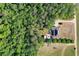 Overhead drone shot of the property showcasing its layout with multiple outbuildings near the surrounding trees at 1676 Elder Ln., Galivants Ferry, SC 29544