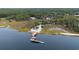 Panoramic aerial showcasing a community pier, boat docks, and marshland with distant homes at 2128 Adams Circle, Little River, SC 29566