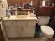 Bathroom featuring a vanity with storage, toilet, and a unique decorative style at 8 Ryan Ln., Myrtle Beach, SC 29579