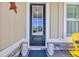 Close-up of the front door featuring a black door with glass panes, white frame, and decorative lanterns on either side at 1004 Whooping Crane Dr., Conway, SC 29526