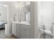 Bathroom featuring a double sink vanity, a large mirror, modern fixtures, and a toilet at 712 Hobonny Loop, Longs, SC 29568