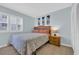 Cozy bedroom with a decorative headboard, colorful bedding, and light blue walls at 1011 S Ocean Blvd. # 202, North Myrtle Beach, SC 29582