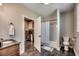 Bathroom featuring a modern vanity, shower with a curtain, and tile floor at 2767 Lees Landing Circle, Conway, SC 29526