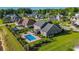 Aerial view of a home with a backyard pool and patio, surrounded by lush landscaping and green lawn at 304 San Martin Ct., Longs, SC 29568