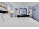 Bedroom with cool blue walls, a mirror, and access to the bathroom at 6000 N North Ocean Blvd. # 329, North Myrtle Beach, SC 29582