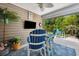 Covered patio with a ceiling fan, TV, and comfortable seating, perfect for entertaining or relaxing at 757 Cherry Blossom Dr., Murrells Inlet, SC 29576