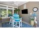 Relaxing covered patio featuring coastal decor, TV, fan, and a seating area for outdoor enjoyment at 757 Cherry Blossom Dr., Murrells Inlet, SC 29576