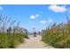 Sandy beach path leading to the ocean with lush greenery on a bright day showcasing natural beauty at 1127 Crooked Hook Rd., North Myrtle Beach, SC 29582