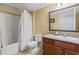 Clean bathroom features a shower with tub and a granite countertop vanity at 2600 N Ocean Blvd. # 1103, Myrtle Beach, SC 29577