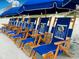 Neat row of North Myrtle Beach chairs under blue umbrellas on a sandy beach at 503 20Th Ave. N # 15-A, North Myrtle Beach, SC 29582