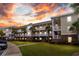 Three-story condo complex with palm trees and a beautiful sunset at 6253 Catalina Dr. # 1533, North Myrtle Beach, SC 29582