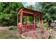 Charming red gazebo surrounded by landscaping in the backyard at 761 Drawbridge Dr., Conway, SC 29526