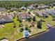 An aerial view of an expansive property featuring a private dock, lush landscaping, and serene waterfront living at 8050 Wacobee Dr., Myrtle Beach, SC 29579