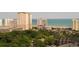 An aerial view shows building rooftops, lush trees, and a view of the ocean in the background at 9994 Beach Club Dr. # 2403, Myrtle Beach, SC 29572