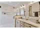 Modern bathroom with glass walk-in shower, neutral tile and modern vanity at 151 Saddle Dr., Loris, SC 29569