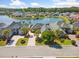 Aerial view of lakeside homes featuring manicured lawns, mature trees, and beautiful water views at 220 Waterfall Circle, Little River, SC 29566
