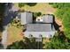 Aerial view of roof and backyard featuring patio, large lot, mature landscaping and shade trees at 402 E Broad St., Hemingway, SC 29554