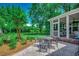 Outdoor patio featuring wrought iron table and chairs, with view of screened in porch and lush yard at 402 E Broad St., Hemingway, SC 29554