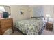 Comfortable bedroom showcasing a bed with floral bedding, dresser, and subtle decor at 5905 South Kings Hwy. # 131B, Myrtle Beach, SC 29575
