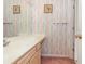 Well-lit bathroom featuring a white vanity, mirror, and pastel striped wallpaper at 665 Tupelo Ln. # 17-F, Longs, SC 29568