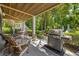 Outdoor area with grill, patio furniture, and stairs to the main house, surrounded by green foliage at 77 Streater Ln., Pawleys Island, SC 29585