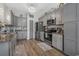 Modern kitchen with gray cabinets, stainless steel appliances, tile backsplash, and granite countertops at 804 Twickenham Loop, Longs, SC 29568