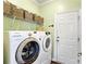 Convenient laundry room featuring a modern washer and dryer set with overhead storage and door at 1439 Brighton Ave., Myrtle Beach, SC 29588