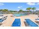 Community pool surrounded by lounge chairs and lush palm trees on a sunny day at 189 Sea Turtle Dr., Myrtle Beach, SC 29588