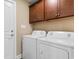 Bright laundry room features an Amana washer and dryer, upper cabinets and white door at 3926 Long Avenue Ext., Conway, SC 29527