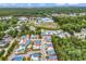 Aerial view of a neighborhood with colorful roofs, trees, swimming pool, and distant ocean views at 4341 Grande Harbour Blvd., Little River, SC 29566