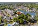 An aerial view of a neighborhood with pond, showcasing well-maintained homes and mature trees at 527 Bay Drive Ext., Garden City Beach, SC 29576
