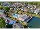 Aerial view showcasing a community pool and clubhouse nestled near a canal at 527 Bay Drive Ext., Garden City Beach, SC 29576