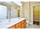 Bright bathroom with double sinks, tile flooring, a large mirror, and glass shower doors at 6172 Catalina Dr. # 214, North Myrtle Beach, SC 29582