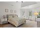 Main bedroom with tray ceiling, light wood floors, cozy decor, and a sitting area near the windows at 93 Knotty Pine Way, Murrells Inlet, SC 29576