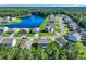 Aerial view featuring a community situated around a serene pond, complemented by lush landscaping and mature trees at 1748 Promise Pl., Myrtle Beach, SC 29588