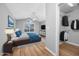Staged primary bedroom features a closet, a ceiling fan, and a vaulted ceiling at 229 Duchess Ct., Myrtle Beach, SC 29588