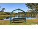 Picturesque lake view with a relaxing swing overlooking the water and fountain at 3358 Pampas Dr., Myrtle Beach, SC 29577