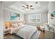 A bedroom with neutral colors, beach themed art, and a comfortable bed at 901 Knoll Shores Ct. # 304, Murrells Inlet, SC 29576
