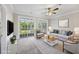 Cozy staged living room with plush seating, TV, area rug and sliding glass doors to an outdoor balcony at 901 Knoll Shores Ct. # 304, Murrells Inlet, SC 29576
