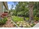Professionally landscaped backyard with brick pavers, lush lawn, and mature trees at 1416 Castleberry Pl., Myrtle Beach, SC 29588