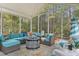 Relaxing screened-in patio features stylish furniture, fan, and views of lush landscaping at 1416 Castleberry Pl., Myrtle Beach, SC 29588