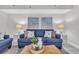 Living room showcasing coastal decor, blue sofas, side tables with lamps, and wood coffee table at 1709 S Ocean Blvd. # 403, North Myrtle Beach, SC 29582