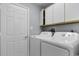 A laundry room features a washer, dryer, and white storage cabinets at 3107 Robyn Ct., Little River, SC 29566