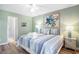 Bright bedroom featuring a ceiling fan, striped bedding, and beach-themed wall decor at 342 Pinehurst Ln. # 12J, Pawleys Island, SC 29585
